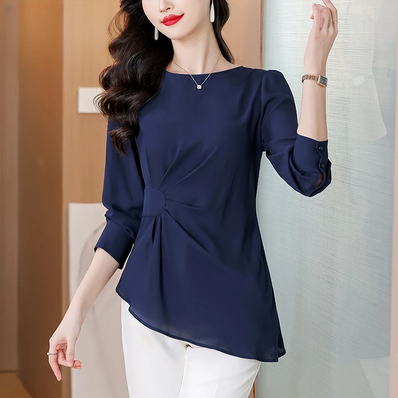 设计感小众秋季百搭抽褶显瘦衬衫时尚气质减龄圆领灯笼长袖上衣