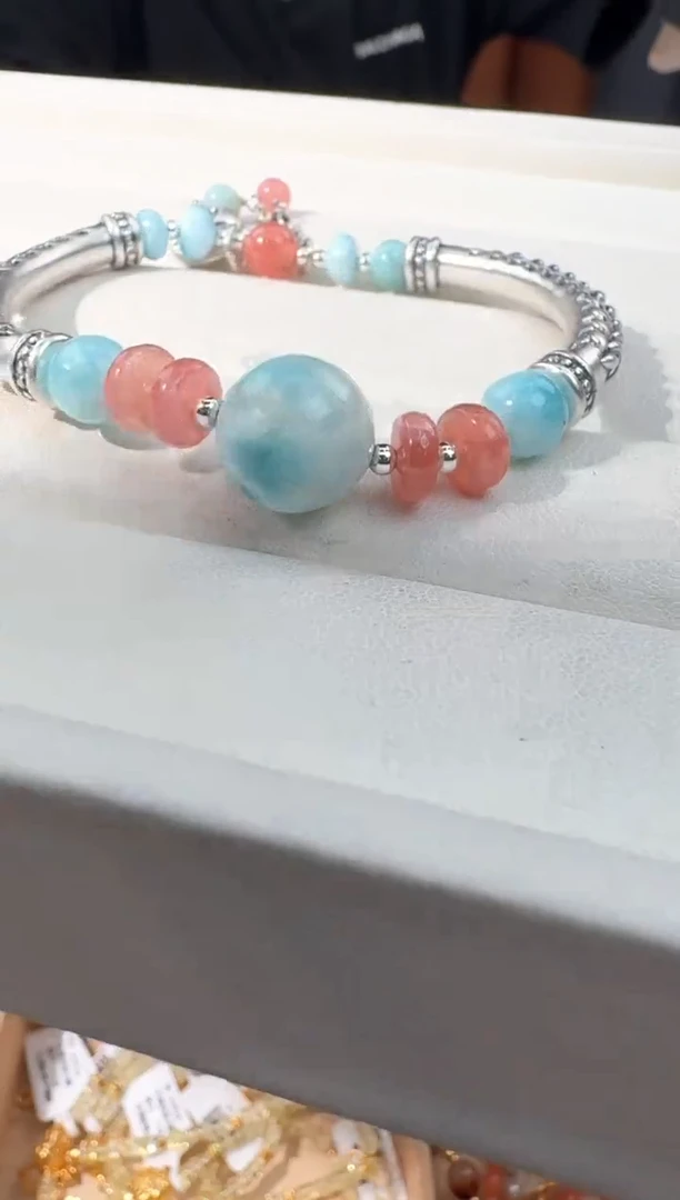 【闪购商品】针钠钙石（海纹石）手链银S925镶嵌海纹半镯设计款