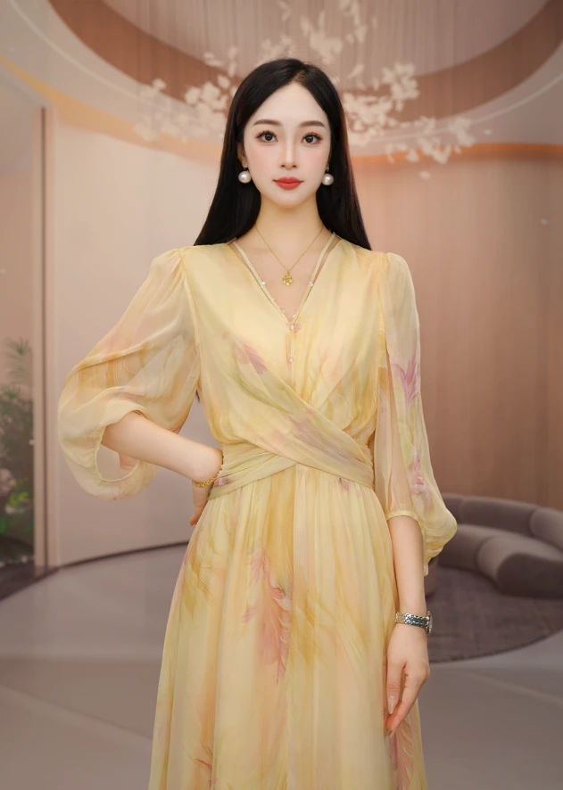 【沐沐家】气质v领时尚女装长款黄/粉花色  252025