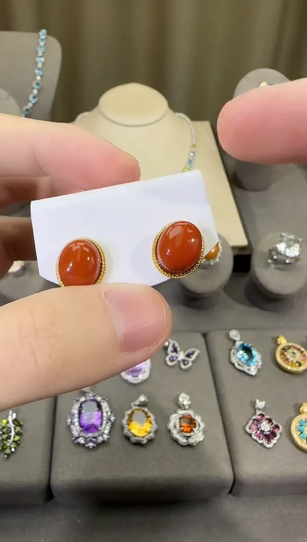 银S925镶嵌南红玛瑙耳饰10*8mm耳钉简约款