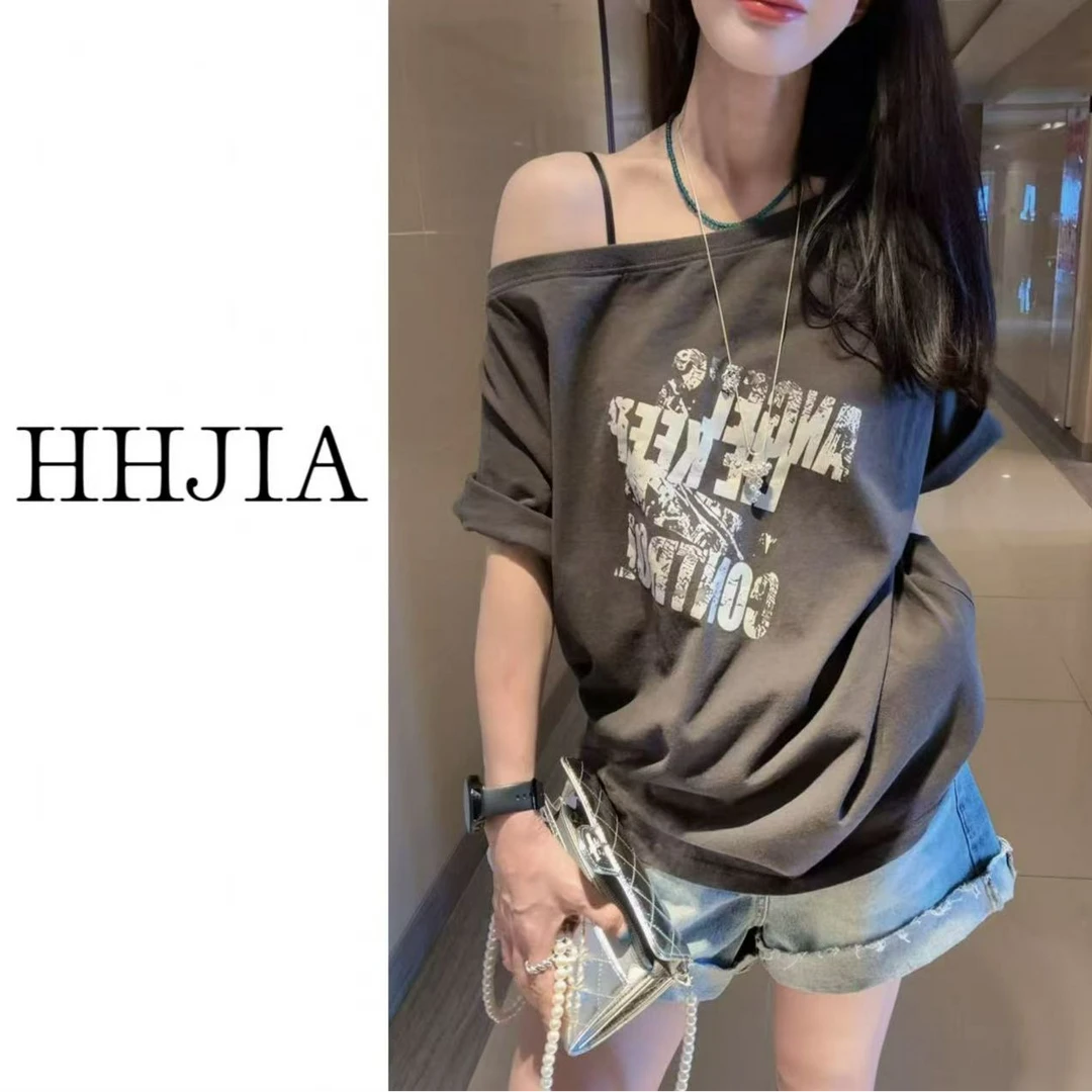 【慧慧家】韩国.2025定制款 韩系时尚灰色宽松版斜肩T恤