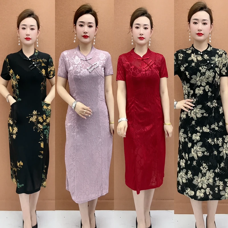 2025夏季新款改良旗袍过膝连衣裙斜门襟新中式弹力丝缎旗袍连衣裙