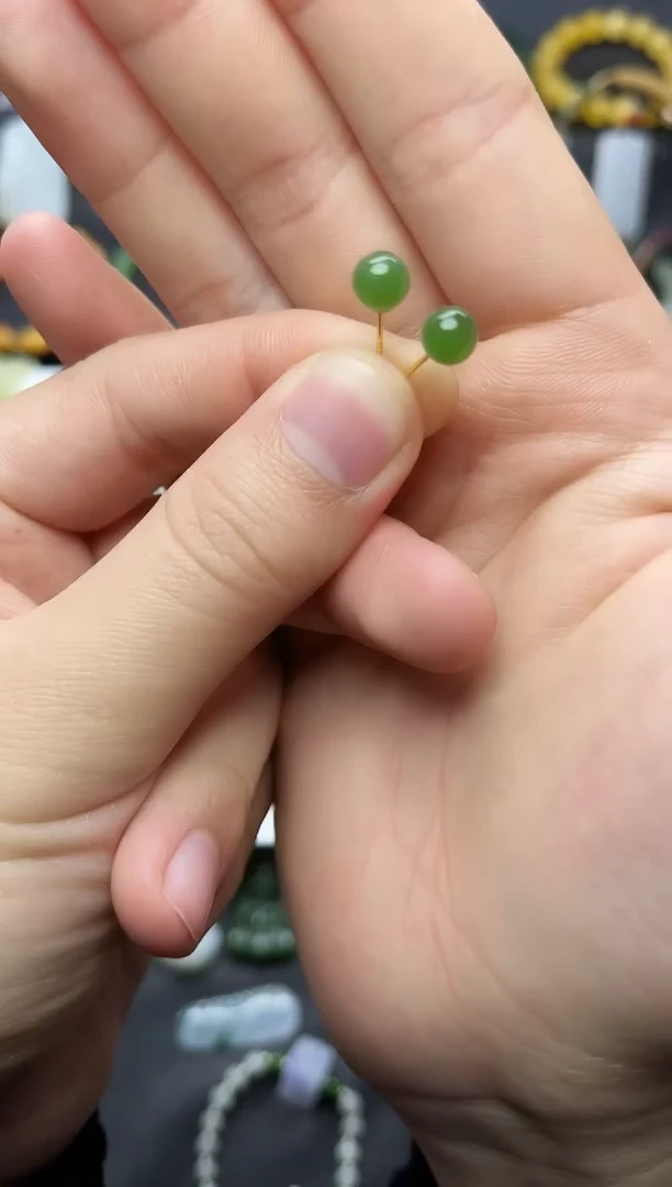 银S925镶嵌和田玉耳饰卡6圆珠耳钉06