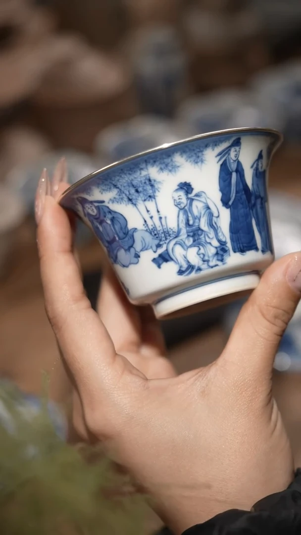 摆件陶景德镇陶瓷摆件竹林七贤马蹄盖碗