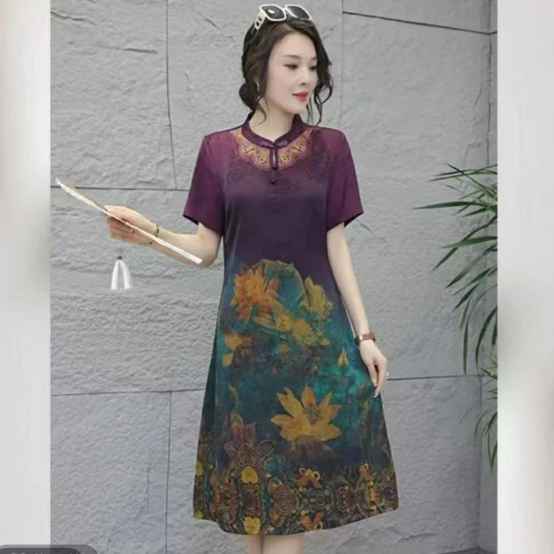 （刺绣荷花）新款国风洋气时尚气质短袖优雅宽松连衣裙