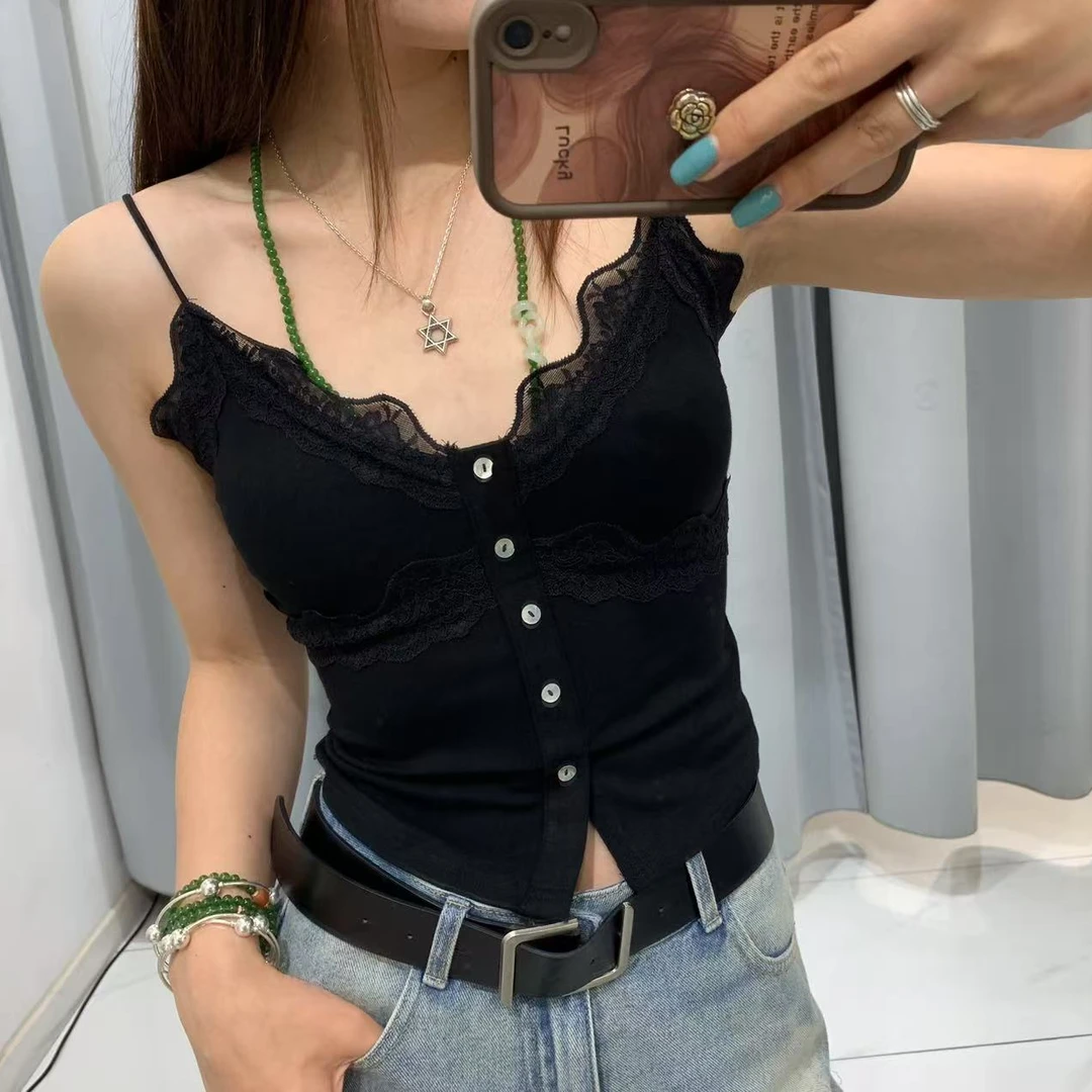 可米 新款 通勤显瘦百搭美背性感修身蕾丝扣子背心（带胸垫）68013