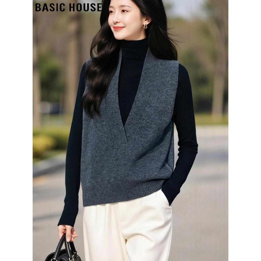 Basic House/百家好灰色V领针织马夹背心女冬季100%羊毛坎肩马甲