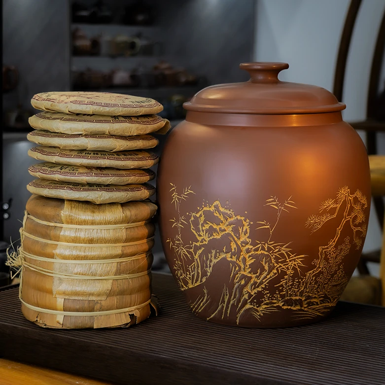 【8-10斤装】本陶手作钦州坭兴陶刻绘茶叶罐醒茶罐（手工痕迹