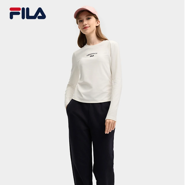【杨幂同款】FILA斐乐女子针织长袖衫2025春季新款休闲修身白长T
