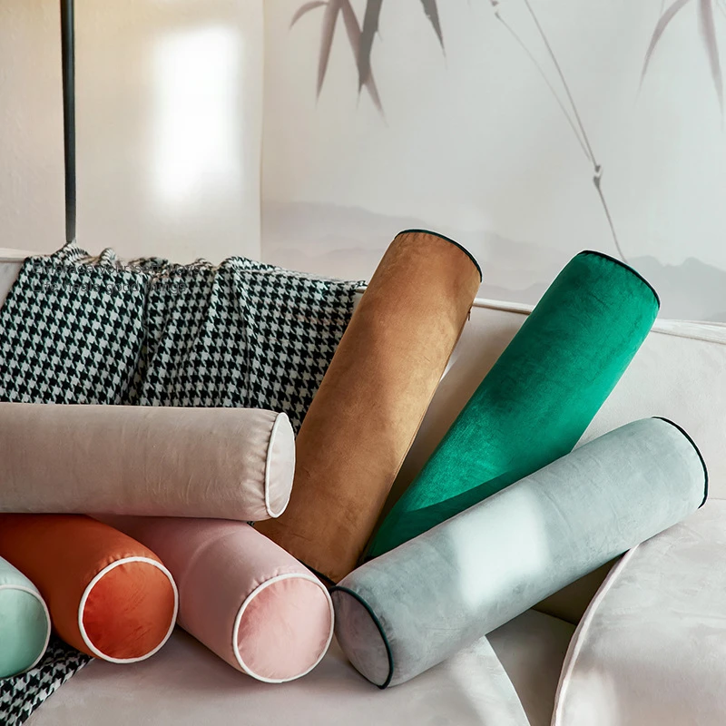 简约丝绒滚边糖果枕荷兰绒撞色滚边汽车办公室腰靠沙发床头装饰