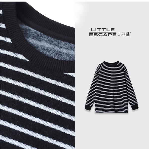小乖逃黑白色条纹卫衣绒圆领黑色袖口毛绒条纹感慵懒风秋冬TS8173