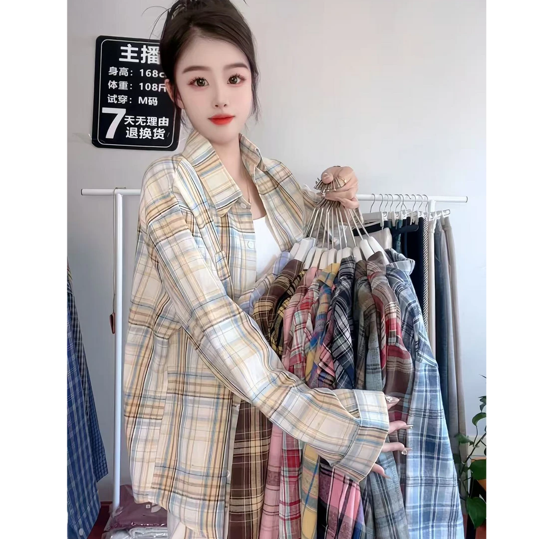 2025百搭格子衬衫女春夏时尚复古宽松显瘦外套女装气质穿搭休闲