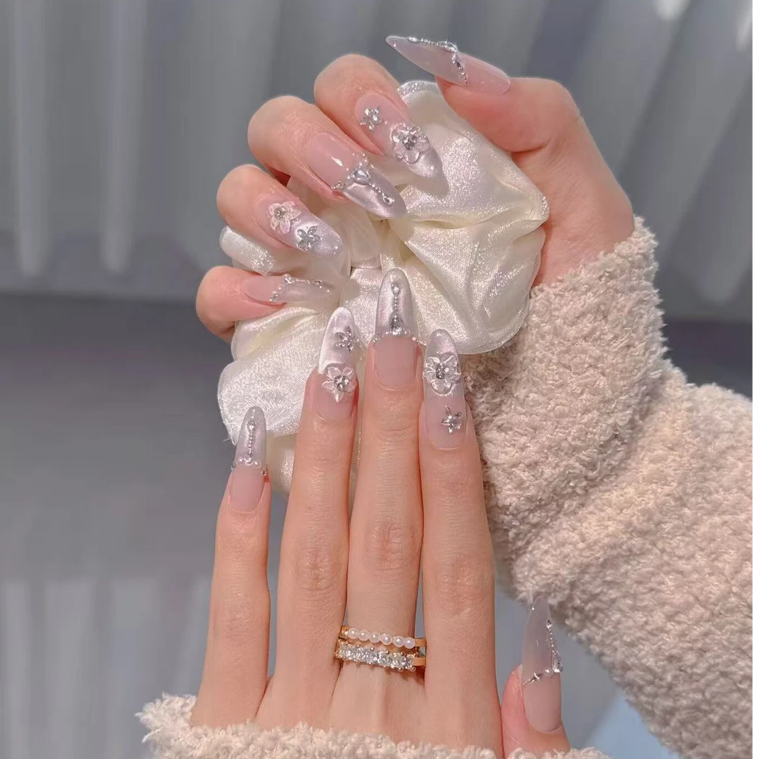 【春花夕拾】纯手工美甲白月光猫眼法式雕刻立体花花爆闪满钻穿戴甲