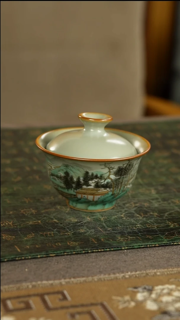 梦**臻善窑厂粉青山水盖碗