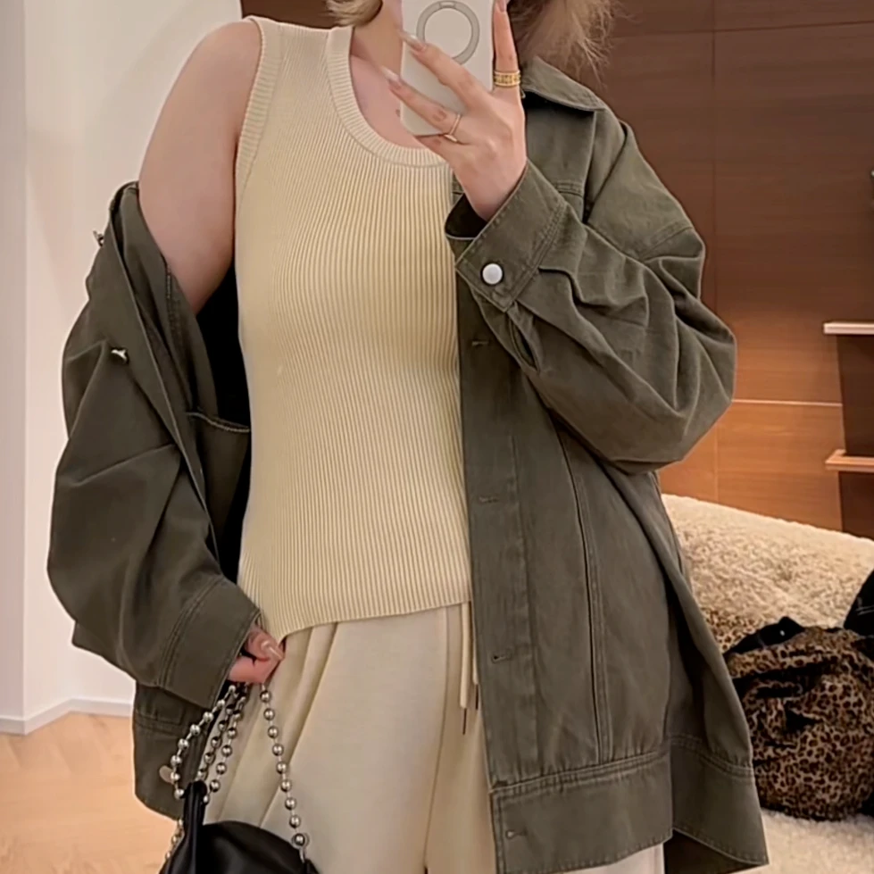 【瘦瘦】春秋两色鹅蛋领设计感百搭显瘦针织粗肩带打底背心S01253