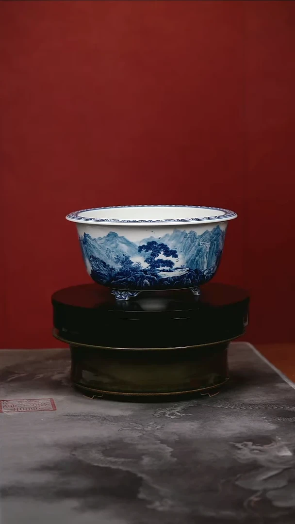 其他景德镇兰词轩釉下青花山水内高7.8外高10内口19外口22