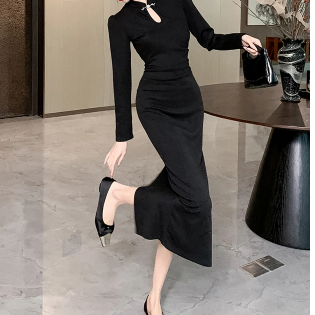 锡特帕第黑色新中式连衣裙女高级感收腰显瘦气质绝美旗袍包臀长裙