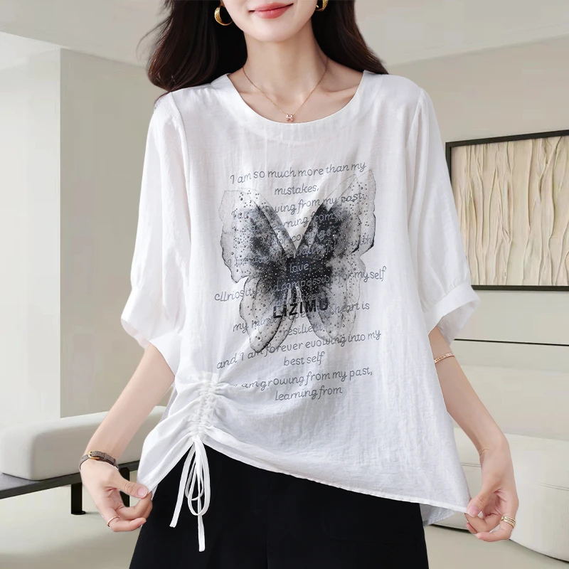 白色字母粘钻蝴蝶短袖t恤女2025夏季新款宽松百搭抽绳设计感上衣