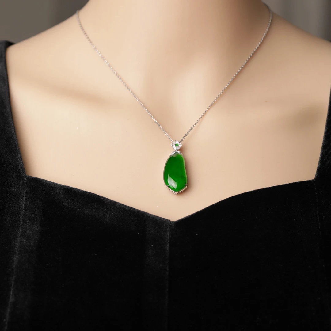 天然A货翡翠高冰种阳绿福瓜吊坠18K真金真钻镶嵌颈饰