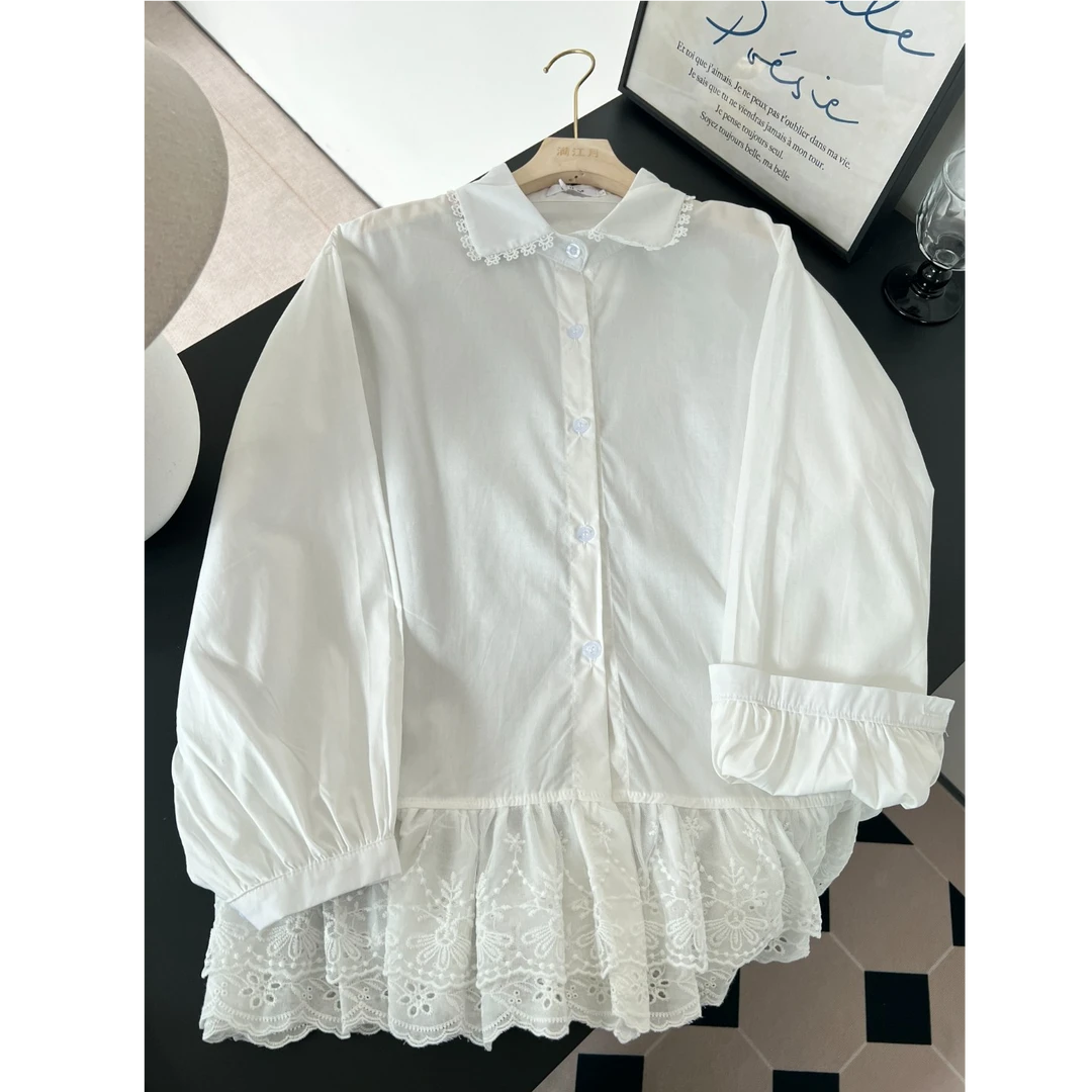 韩系甜美花边拼接娃娃领叠穿上衣2025早春新款拼接格纹衬衫洋气