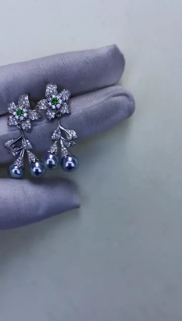 银S925镶嵌DA海水珍珠灰珠多珠耳钉7-8MM ES003