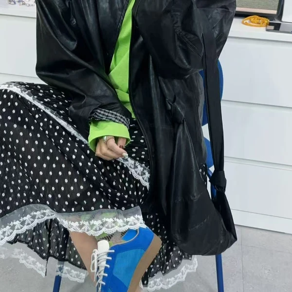 SISTERS包包+皮衣一套袖翻格纹黑色哑光pu外套【衣长胸围】