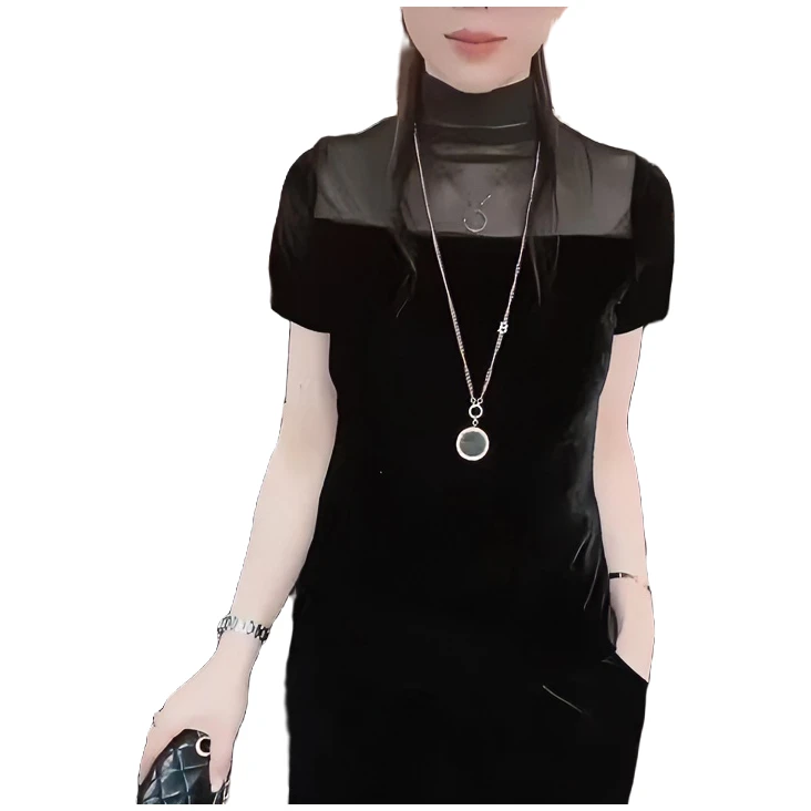 百搭显瘦早秋新款金丝绒立领拼接网纱金丝绒短袖黑色时尚修身短款