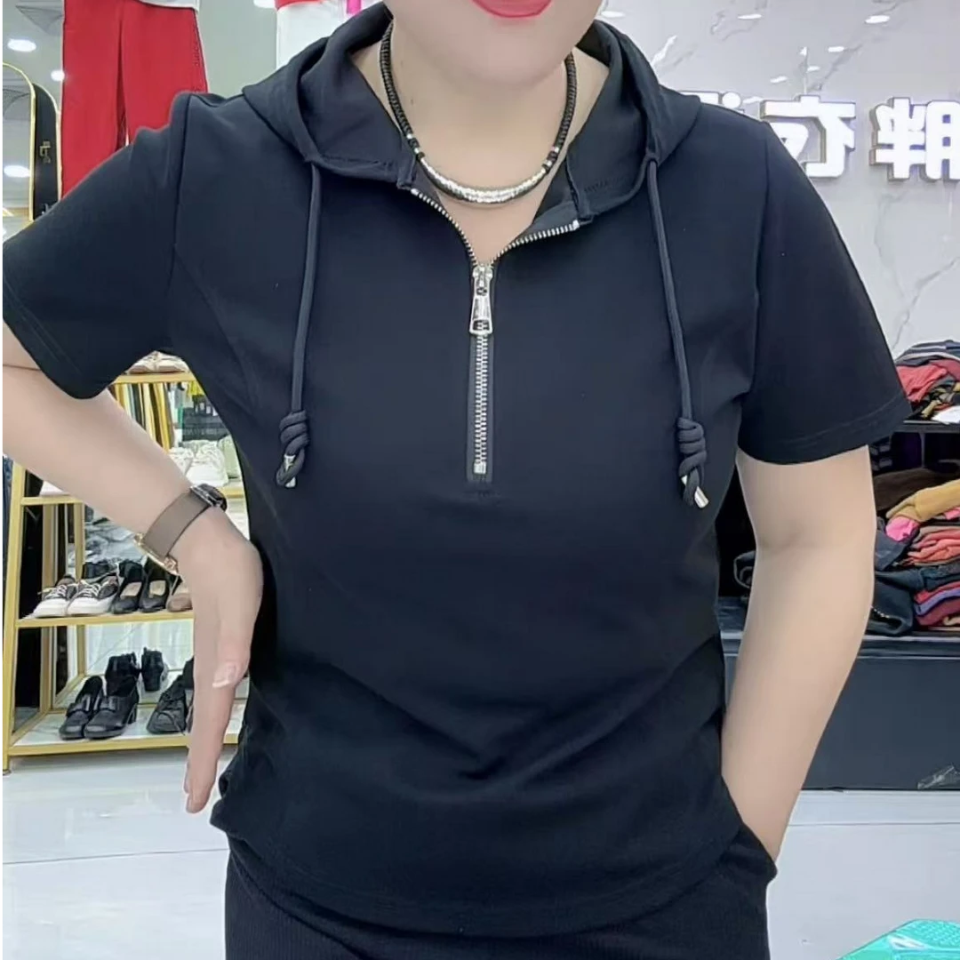 女士带帽潮流拉链短袖轻职风百搭T恤运动半拉链ol连帽修身