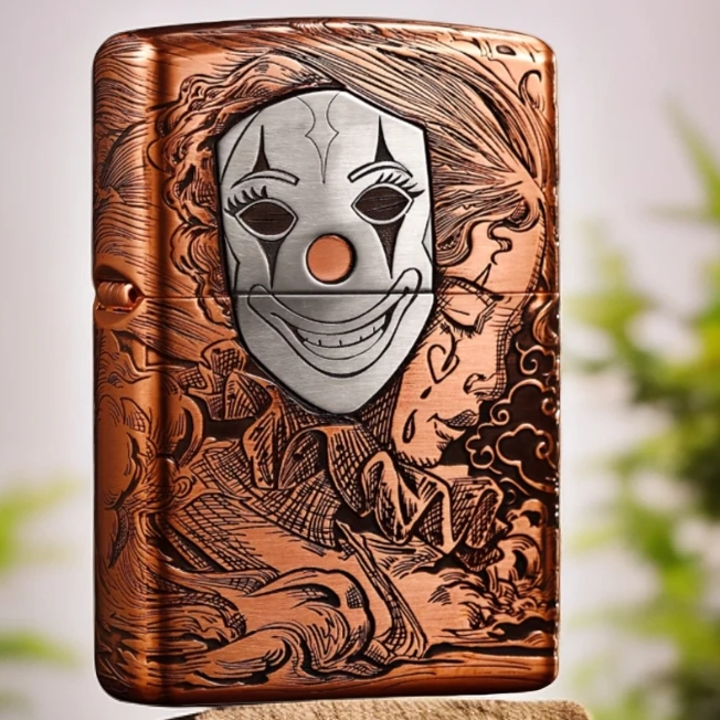 【CC】zippo打火机正品紫铜套壳浮雕面具人生煤油防风送男友DY9920F