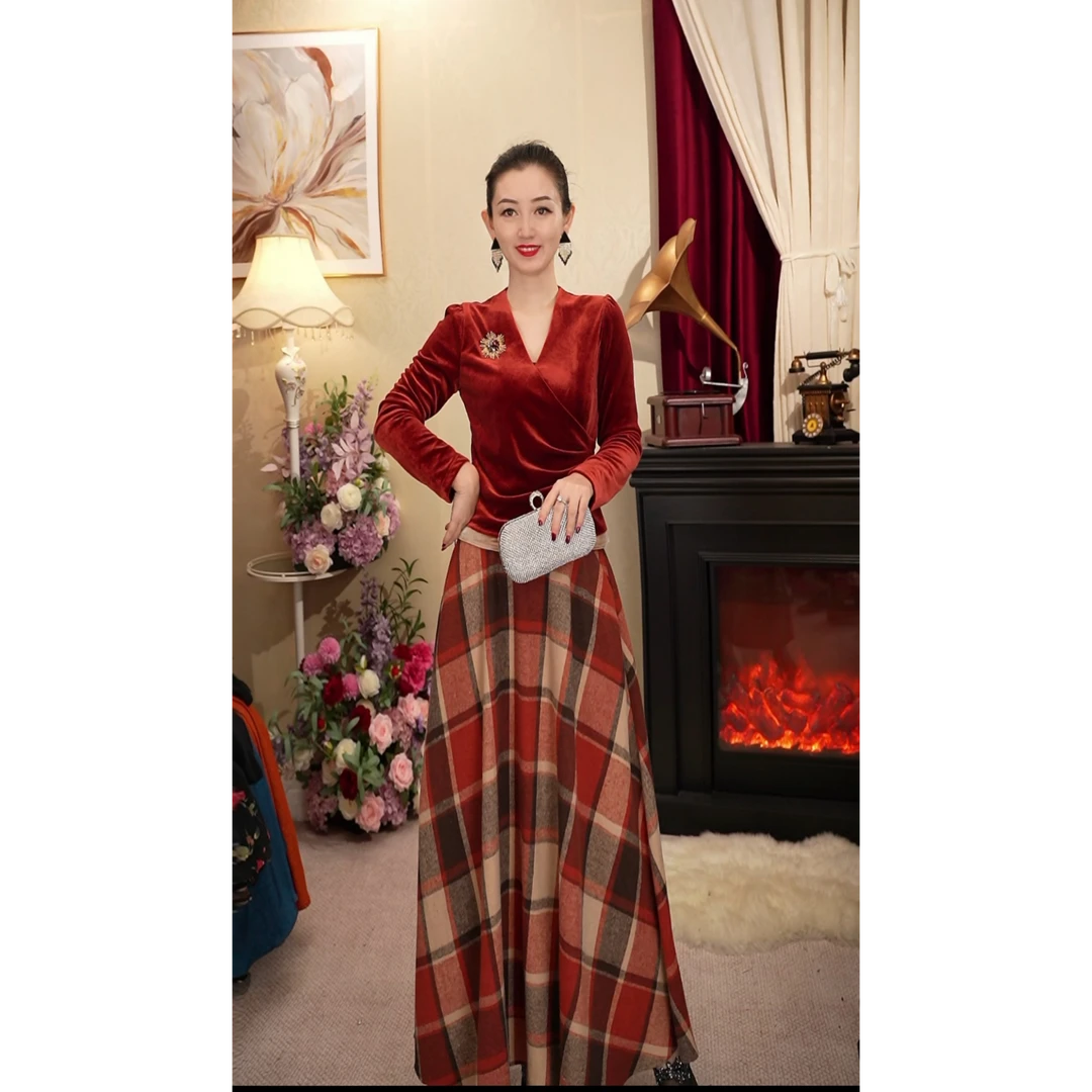 《丹尚爱》红色格子复古气质显瘦百搭冬季半身裙法式优雅裙子