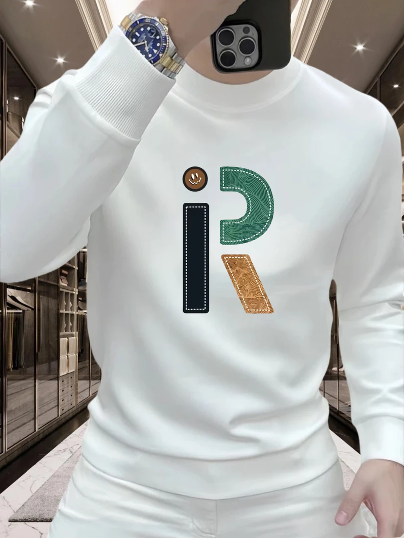 男士卫衣秋冬新款大R印花重磅长袖常规宽松型耐磨套头款圆领上衣