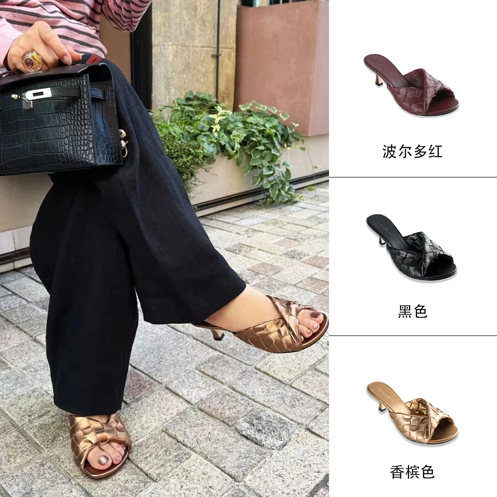 MANIKA GUAN 2025夏季新款时尚夏季高跟圆头百搭高跟拖鞋MK191355