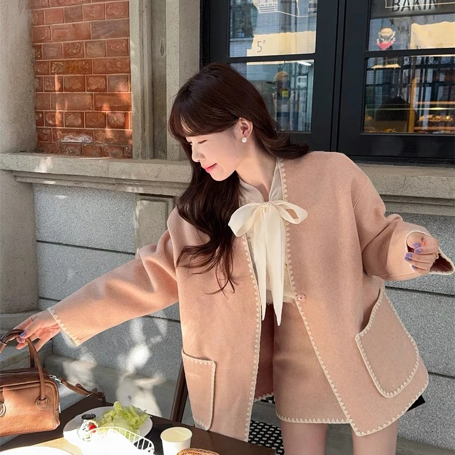 富家千金粉色小香风外套女春季法式v领宽松中长款夹克上衣开衫