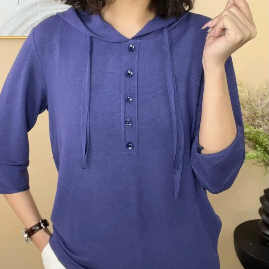 洋气妈妈装弹力上衣T恤女春夏新款连帽七分袖宽松百搭休闲