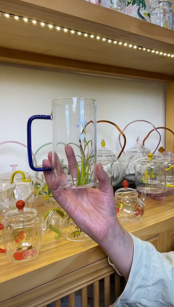 手工艺品玻璃九河竹间杯蓝把兰花啊