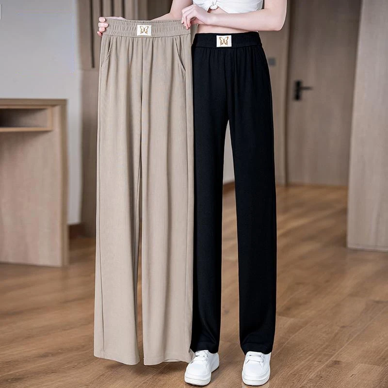 2025夏季新款女士冰丝窄版直筒裤时尚松紧腰轻薄宽松垂感阔腿裤子