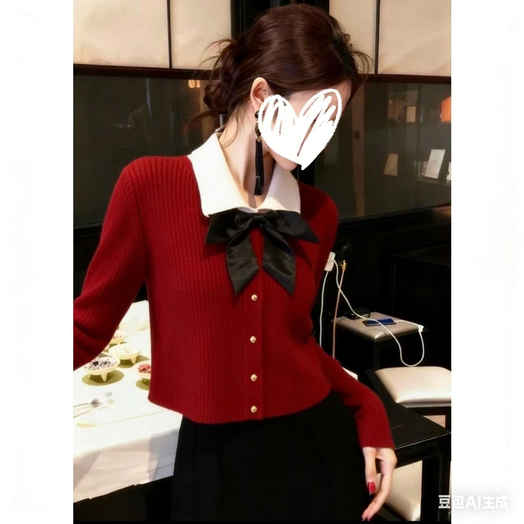 新年战袍红色毛衣女2025秋冬新款设计感蝴蝶结开衫针织外套短上衣