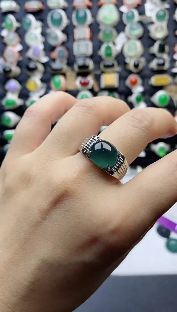 【闪购商品】翡翠戒指银S925镶嵌天然翡翠开口男戒