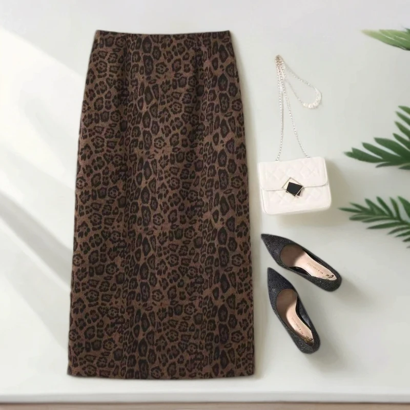 豹纹半身裙春秋鹿皮绒后开衩a字2025复古一步裙时尚气质中长款