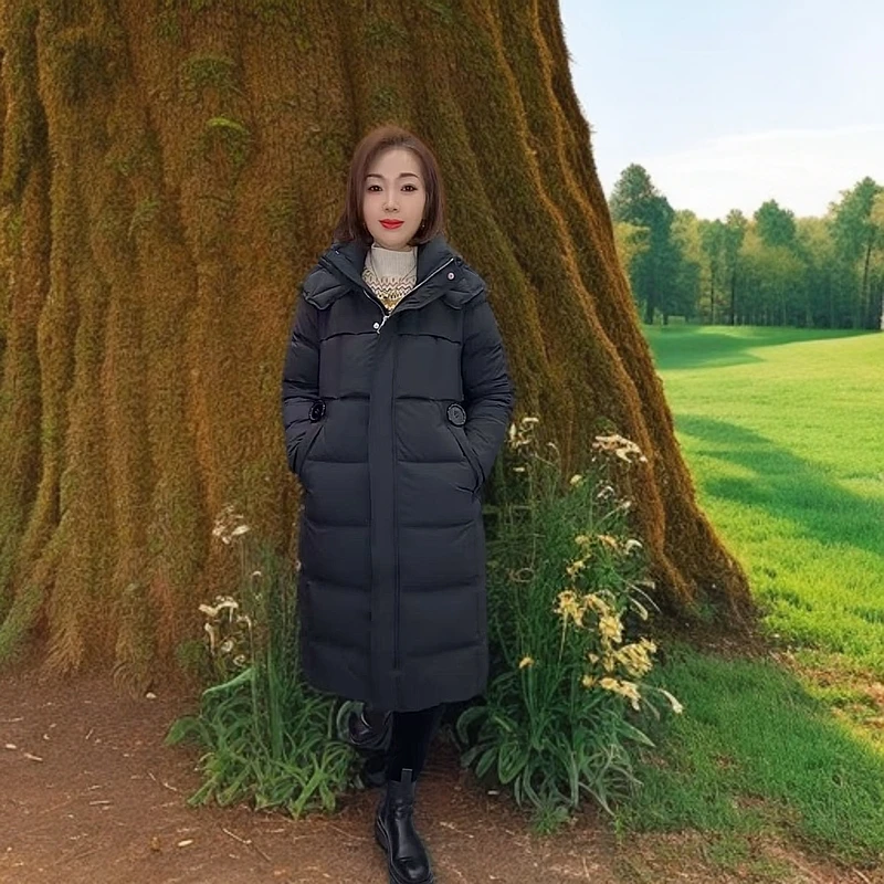 3237款长款带帽90白鸭绒女款时尚休闲百搭黑色连帽中长款羽绒服