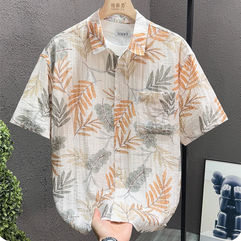 日系小清新夏季百搭男装衬衫上衣男士短袖印花帅气薄款复古衬衣男