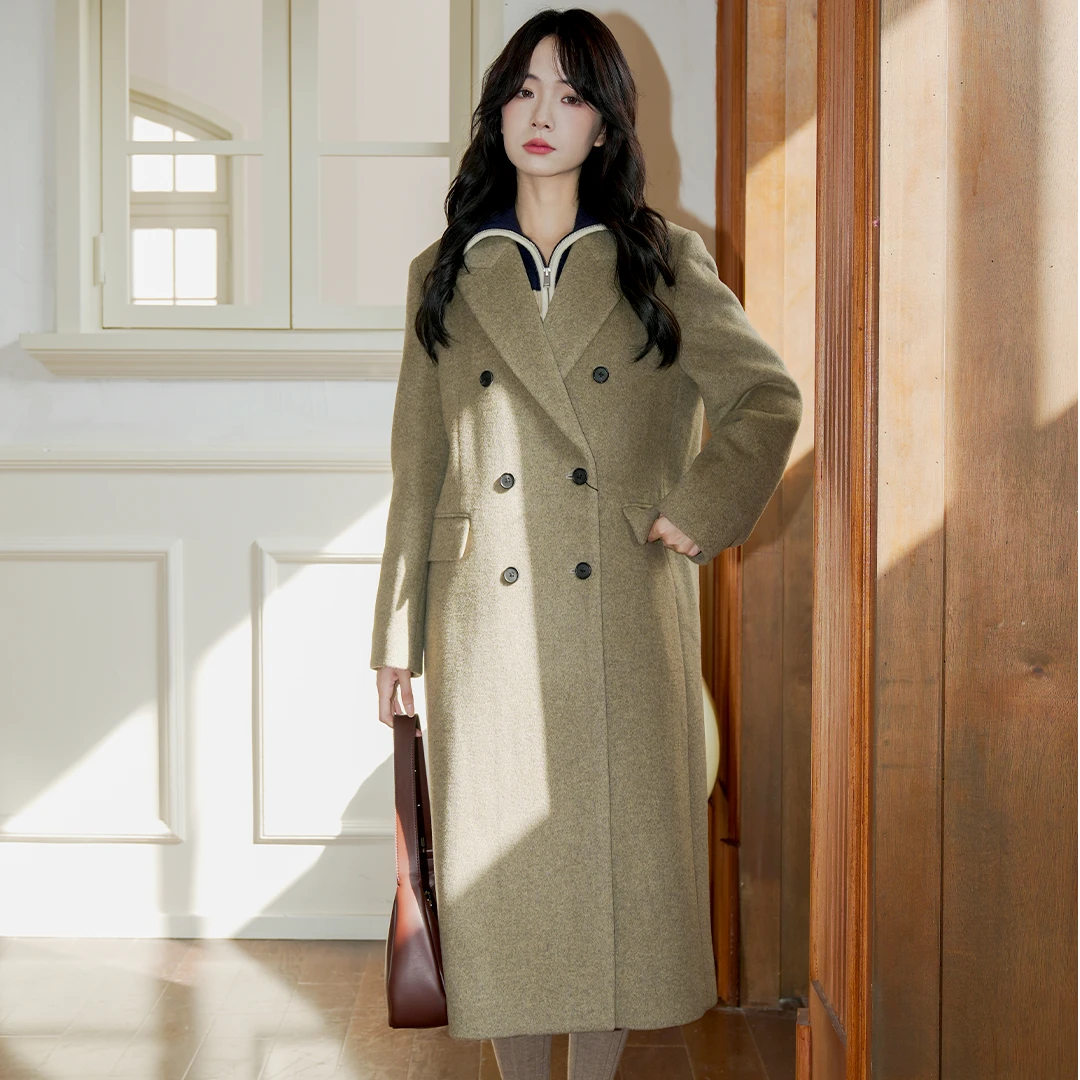 韩国25秋冬女士羊毛混纺复古百搭双排扣长大衣musinsa standard