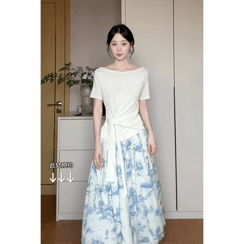 MARIE.COCO夏季设计感绑带短袖T恤上衣气质高腰显瘦半身裙套装