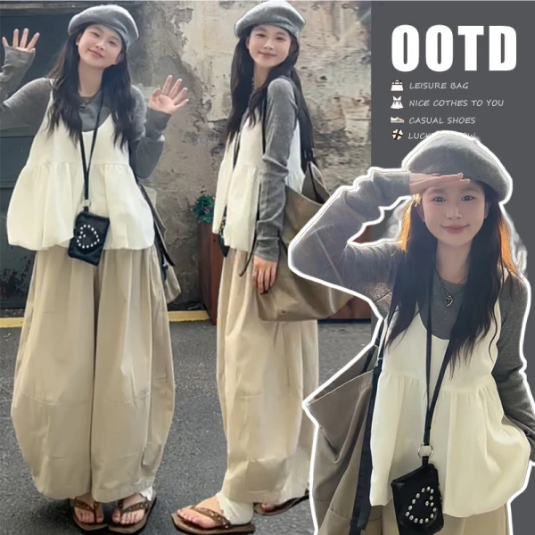 时髦孕妇装新款春秋网红洋气时尚韩系上衣+花苞吊带+阔腿裤三件套