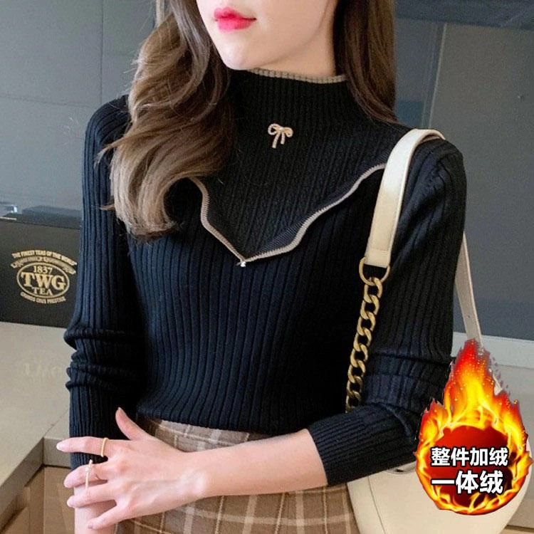 【一体绒】半高领针织衫女套头加绒加厚网红毛衣百搭小香风打底上衣