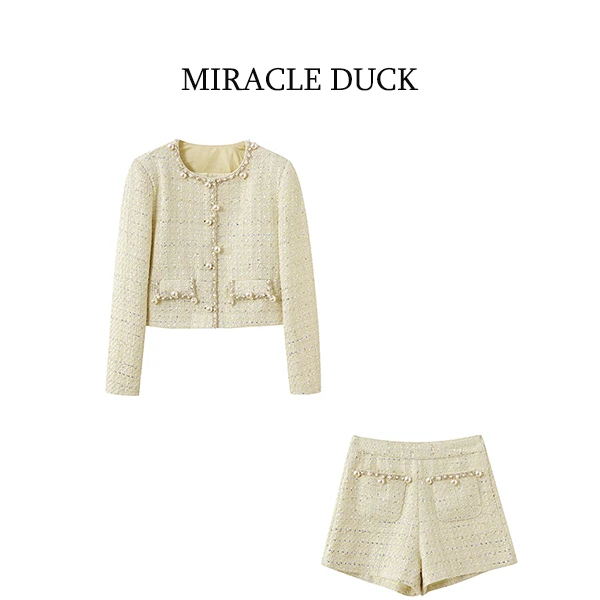 1号【淡黄色套装】秋冬新款小香风黄色亮丝钉珠外套短裤套装C1916