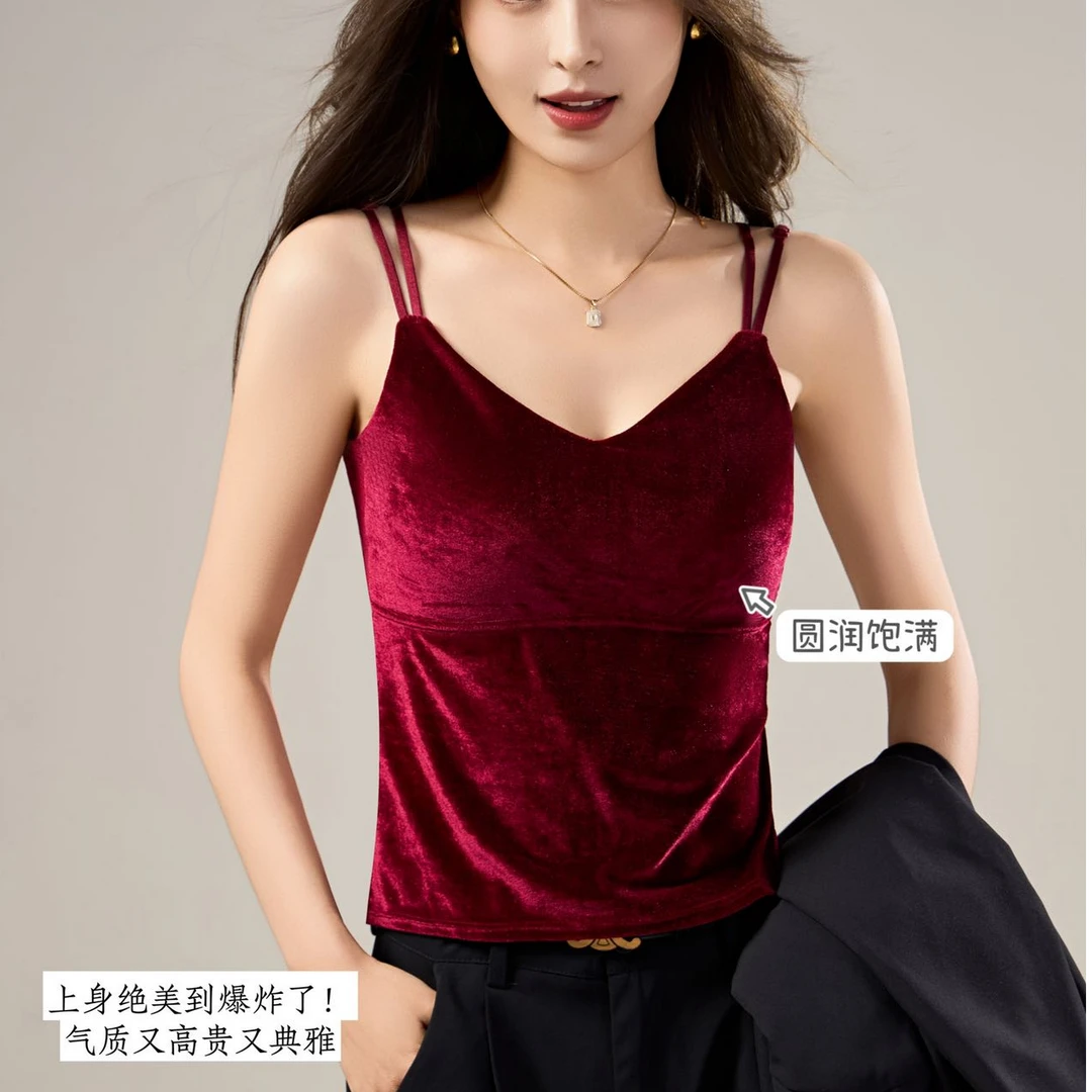 丝绒蕾丝蝴蝶美背吊带背心内搭外穿自带杯垫免穿文胸内衣性感显瘦