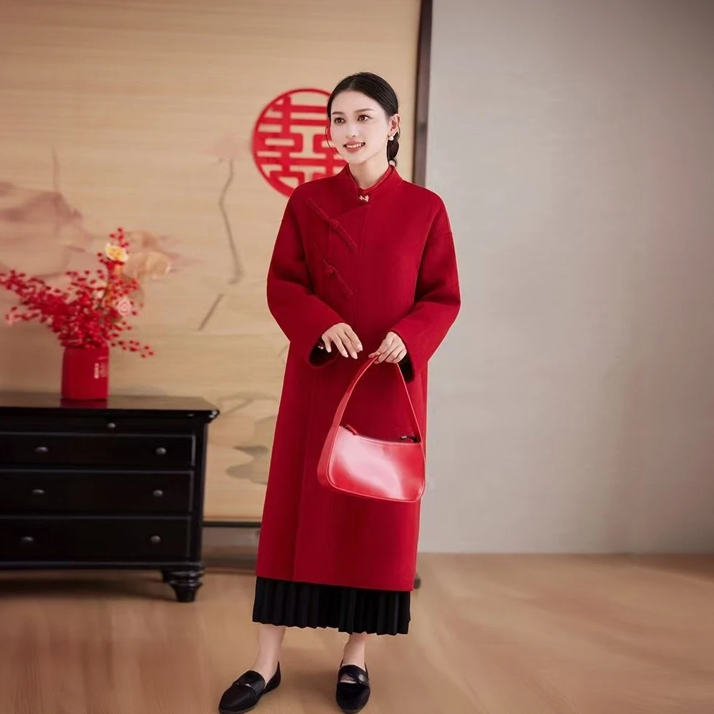 新中式红色双面羊绒新娘结婚手缝盘扣羊毛呢外套