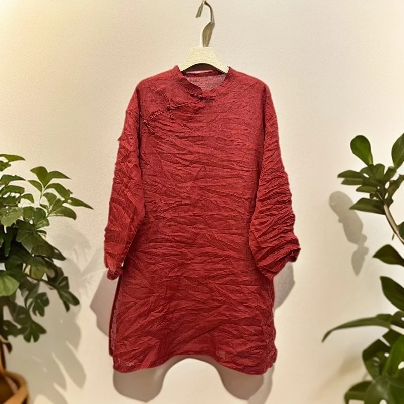 【春夏】纯色苎麻立领手工斜襟盘扣宽松舒适长袖长款袍子【80-160】斤