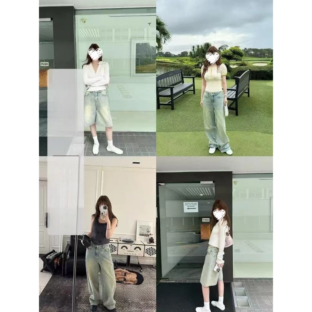 2025新款美式复古宽松垂感阔腿牛仔裤五分裤   80581